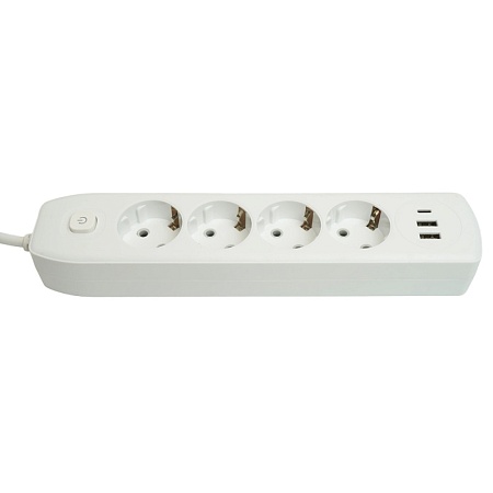 Удлинитель 4-местный c/з 3x1 мм2, 1,8 м, 250В, 10А, 2USB+1Type-C 2,4А, серия Home plus, белый STEKKER HM08-43-02 - фото