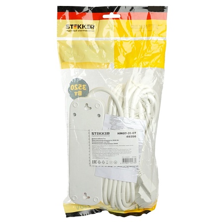 Удлинитель трехместный с/з  с выключ. STEKKER HM07-31-07 3x1мм2, 7м, серия Home (У16А-002), белый - фото