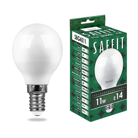Лампа светодиодная SAFFIT SBG4511 Шарик E14 11W 230V 4000K - фото