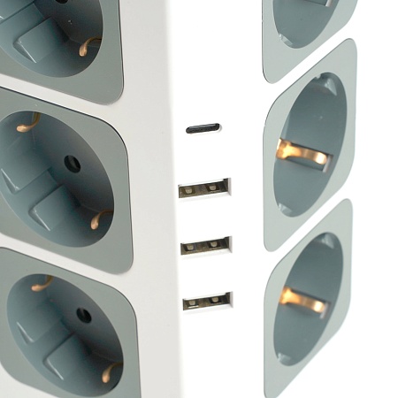 Удлинитель 12-местн с/з, 3x1мм2, 1.5 м,250В,16А, 3520Вт 3USB A + 1C 5V 3,4A, белый, серый серия Comfort HM10-61-01 - фото
