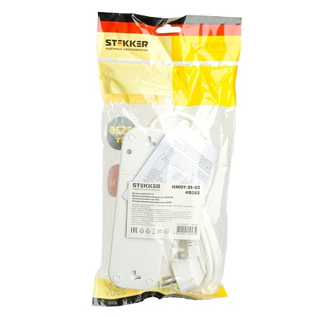 Удлинитель трехместный с/з  с выключ. STEKKER HM07-31-02 3x1мм2, 2м, серия Home (У16А-002), белый - фото