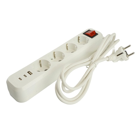 Удлинитель 4-местный с/з с выключ. STEKKER HM071-41-02 3x1мм2, 2м, 250В, 16А, 1USB+2C, 2.4A, сер Home, белый - фото