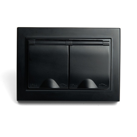 Розетка 2-местная с/з с крышкой, STEKKER, PST16-9015-03, 250В, 16А, серия Эрна, черный - фото