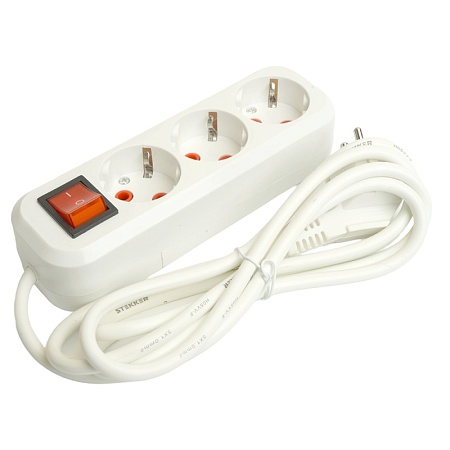 Удлинитель трехместный с/з  с выключ. STEKKER HM07-31-03 3x1мм2, 3м, серия Home (У16А-002), белый - фото