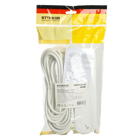 Удлинитель четырехместный с/з  с выключ. STEKKER HM07-41-07 3x1мм2, 7м, серия Home (У16А-003), белый - фото
