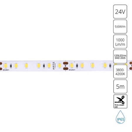 Светодиодная лента 24V 9,6W/m 4000К 5м Arte Lamp AQUA TAPE A2412008-05-4K - фото