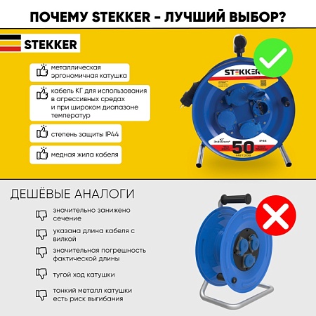 Удлинитель на металлической катушке 4-местный с/з Stekker, PRF02-41-50, 50м, 3*2,5, серия Professional, синий - фото