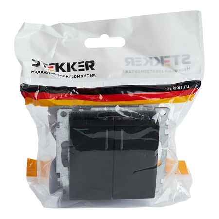 Выключатель 2-клавишный c индикатором (механизм), STEKKER GLS10-7102-05, 250В, 10А, серия Катрин, черный - фото