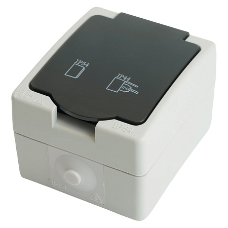 Розетка 1-местная с крышкой с/з STEKKER, PST16-11-54, пластик АВS, 250В, 16А, IP54, серый/графит - фото