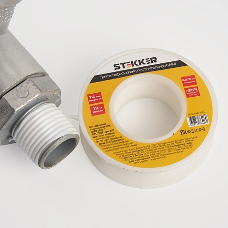 Лента уплотнительная тефлоновая ФУМ STEKKER 0,3 г/м3, 0,075*12 мм, 12 м. белая INTP12-07512-12 - фото