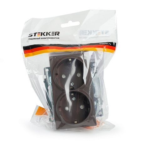 Розетка 2-местная с/з (механизм), STEKKER GLS16-7114-04, 250В, 16А с защитной шторкой, серия Катрин, шоколад - фото