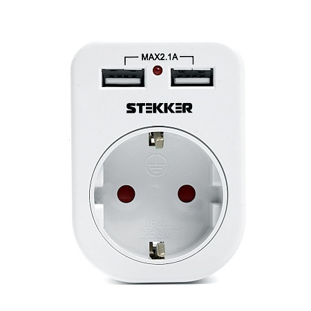 Переходник сетевой с/з c 2 USB 2,1А, STEKKER ADP16-24-20, 250В, 16A, IP20, белый - фото