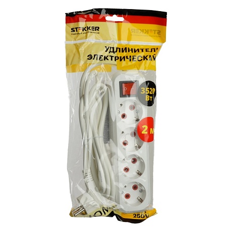 Удлинитель четырехместный с/з  с выключ. STEKKER HM07-41-02 3x1мм2, 2м, серия Home (У16А-003), белый - фото