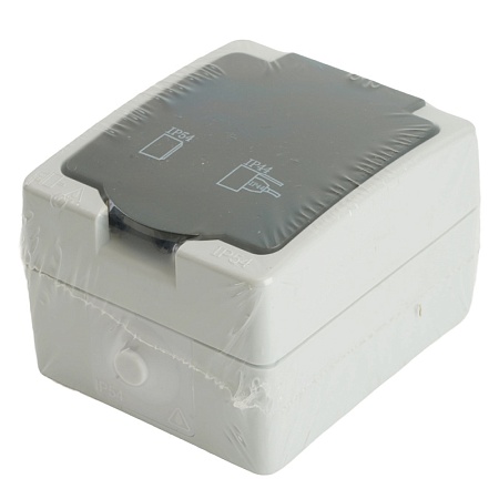 Розетка 1-местная с крышкой с/з STEKKER, PST16-11-54, пластик АВS, 250В, 16А, IP54, серый/графит - фото