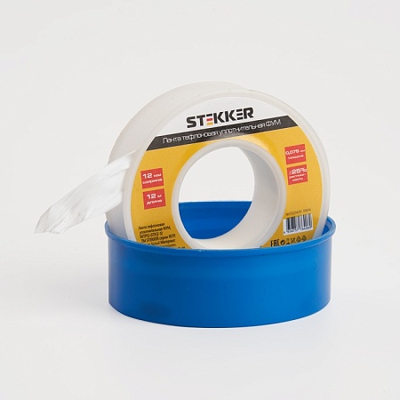 Лента уплотнительная тефлоновая ФУМ STEKKER 0,3 г/м3, 0,075*12 мм, 12 м. белая INTP12-07512-12 - фото