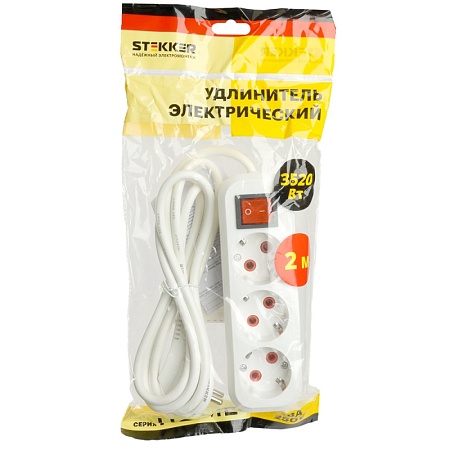 Удлинитель трехместный с/з  с выключ. STEKKER HM07-31-03 3x1мм2, 3м, серия Home (У16А-002), белый - фото