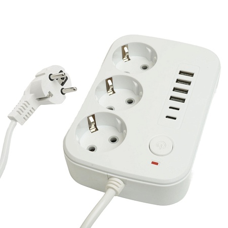 Удлинитель 3-местный c/з 3x1 мм2, 1,8 м, 250В, 10А, 4USB+2Type-C 2,4А, серия Home plus, белый STEKKER HM09-36-02 - фото