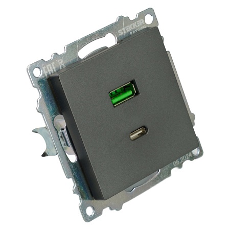 Розетка 2-местная USB + type C (механизм), 250В, 3А, max 20W, серия Катрин, графит, GLS10-7116-06 - фото
