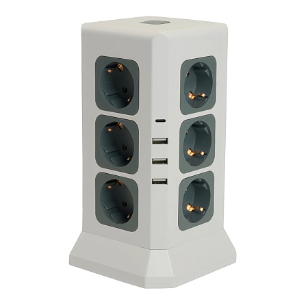 Удлинитель 12-местн с/з, 3x1мм2, 1.5 м,250В,16А, 3520Вт 3USB A + 1C 5V 3,4A, белый, серый серия Comfort HM10-61-01 - фото