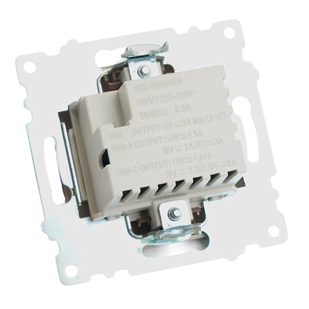 Розетка 2-местная USB + type C, STEKKER GLS10-7116-04, 250В, 3А, max 20W,серия Катрин, шоколад - фото
