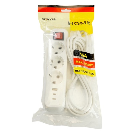Удлинитель 3-местный с/з с выключ. STEKKER HM071-31-05 3x1мм2, 5м, 250В, 16А, 1USB+2C, 2.4A, сер Home, белый - фото