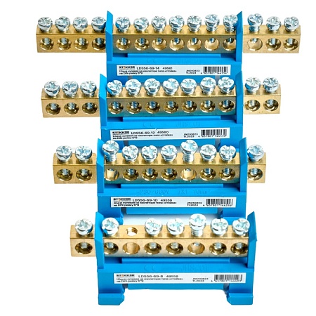 Шина "N" на изоляторе STEKKER 6*9 тип "стойка" на DIN-рейку 12 выводов, синий, LD556-69-12 - фото