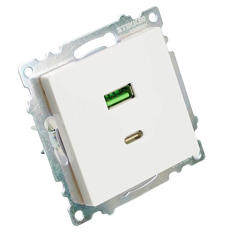 Розетка USB 2-местная + type C (механизм), STEKKER GLS10-7116-01, 250В, 3А, max 20W, серия Катрин, белый - фото