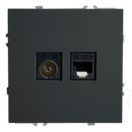 Розетка TV + компьютерная RJ-45 (механизм), STEKKER, RST00-5106-05, серия Эмили, черный уголь, soft touch - фото
