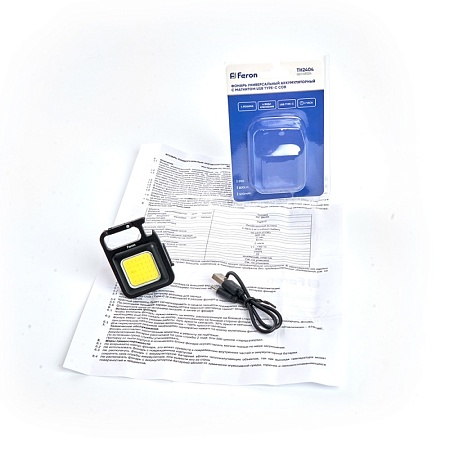 Фонарь универсальный FERON TH2404 аккумуляторный с магнитом USB type-C COB, пластик/алюминий - фото