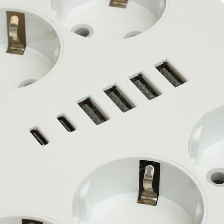 Удлинитель 6-местный c/з 3x1 мм2, 3 м, 250В, 10А, 4USB+2Type-C 2,4А, серия Home plus, белый STEKKER HM09-66-02 - фото