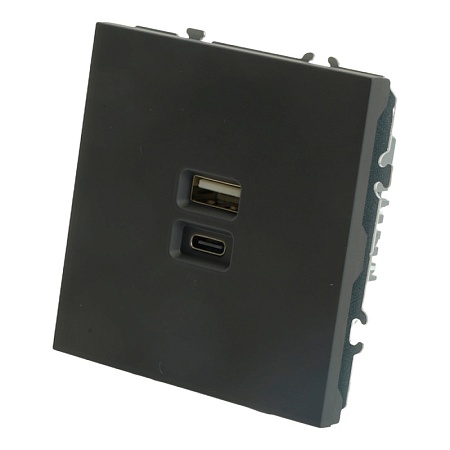 Розетка 2-местная USB + Type C (механизм), STEKKER, 250В, 20W, серия Эмили, RST10-5115-05, черный уголь, soft touch - фото