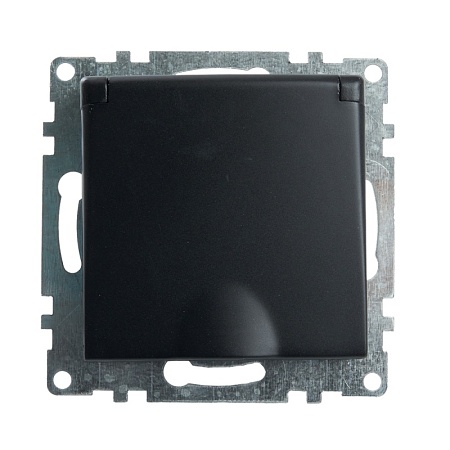 Розетка 1-местная с/з с крышкой (механизм), STEKKER GLS16-7112-05, 250В, 16А с защитной шторкой, серия Катрин, черный - фото