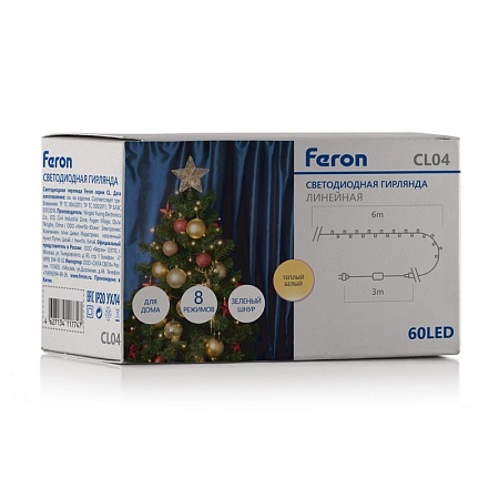 Светодиодная гирлянда Feron CL04 линейная 6м +3м230V 2700K, с питанием от сети, контроллером, зеленый шнур - фото