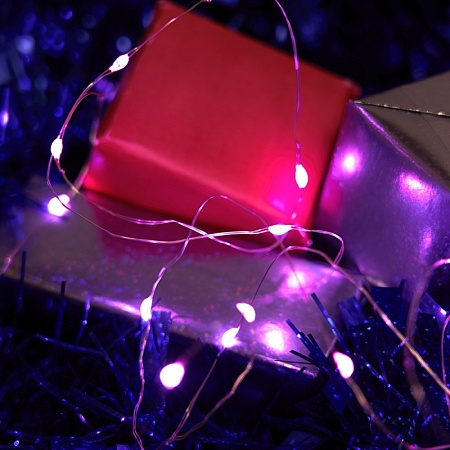 Светодиодная гирлянда Feron CL570 линейная Роса, статичная 2м + 0.5м розовый с питанием от батареек, прозрачный шнур - фото