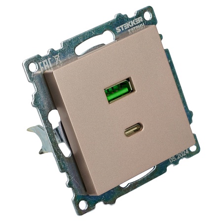 Розетка 2-местная USB + type C (механизм), STEKKER GLS10-7116-02, 250B, 3A, max 20W, серия Катрин, шампань - фото