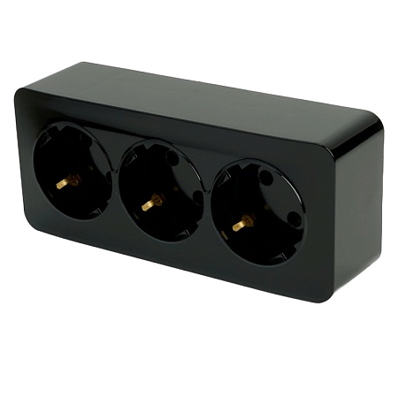 Розетка 3-местная с/з открытой установки, STEKKER, 250В, 16А, IP20, серия София, черный, MST16-13-02 - фото