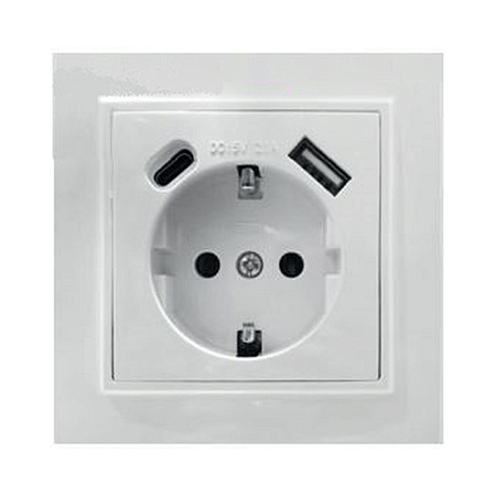 Розетка 1-местная STEKKER, PST16-9016-01, 250В, 2.1А с USB+ type C, серия Эрна, белый - фото