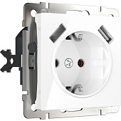 Розетка с заземлением, шторками и USBх2 белая WL01-SKGS-USBx2-IP20
