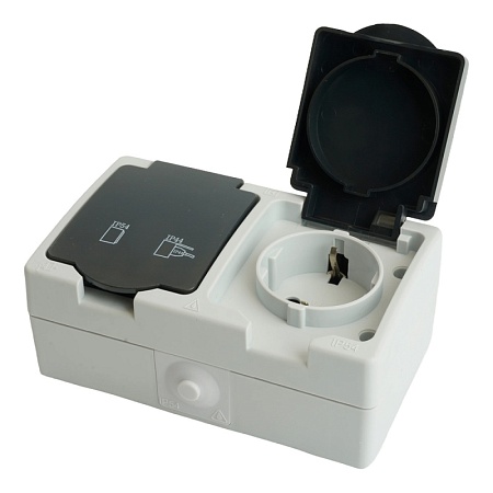 Розетка 2-местная с крышкой с/з STEKKER PST16-12-54, пластик АВS, 250В, 16А, IP54, серый/графит - фото