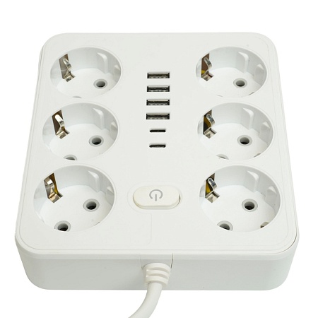 Удлинитель 6-местный c/з 3x1 мм2, 1,8 м, 250В, 10А, 4USB+2Type-C 2,4А, серия Home plus, белый STEKKER HM09-66-02 - фото