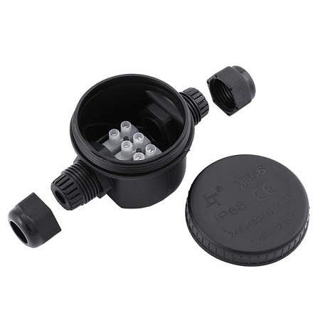 LD544 Коробка распределит. водонепрониц круглая 2 вых. с 3-конт.коннектором, 450V,106х64х46 - фото