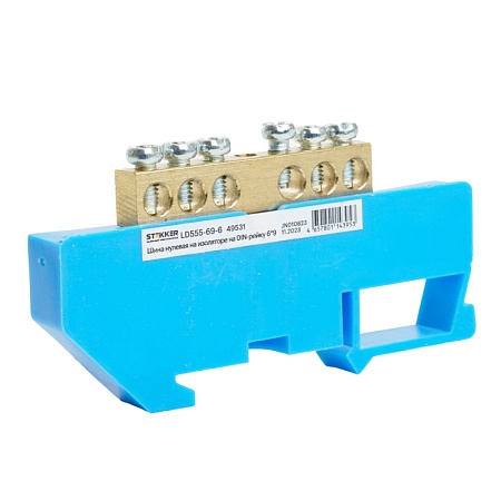 Шина"N" на изоляторе STEKKER 6*9 на DIN-рейку 6 выводов, синий, LD555-69-6 - фото