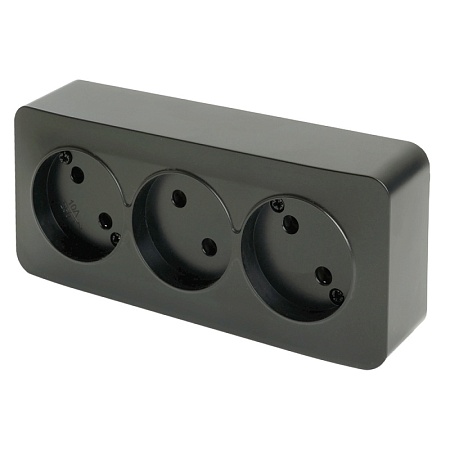 Розетка 3-местная б/з открытой установки, STEKKER, 250В, 10А, IP20, серия София, черный матовый, MST10-13-05 - фото