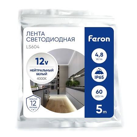 Светодиодная LED лента Feron LS604, 60SMD(2835)/m 4.8W/m 12V IP65 5m, 4000К - фото