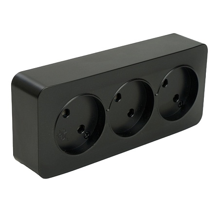 Розетка 3-местная б/з открытой установки, STEKKER, 250В, 10А, IP20, серия София, черный матовый, MST10-13-05 - фото