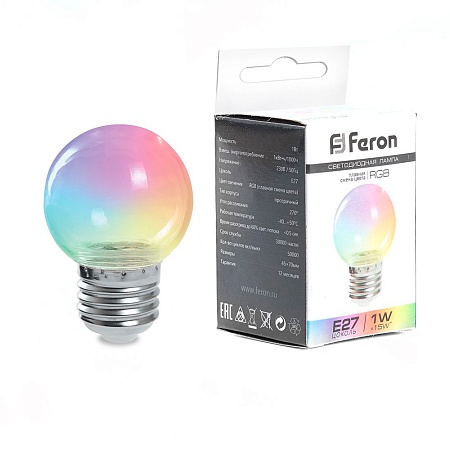 Лампа светодиодная Feron LB-37 Шарик прозрачный E27 1W 230V RGB плавная смена цвета - фото