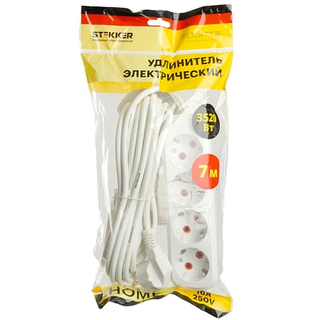 Удлинитель  четырехместный c/з STEKKER HM06-40-07 3x1мм2, 7м, серия Home (У10-429), белый - фото