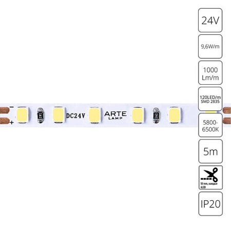 Светодиодная лента 24V 9,6W/m 6000К 5м Arte Lamp TAPE A2412005-03-6K - фото