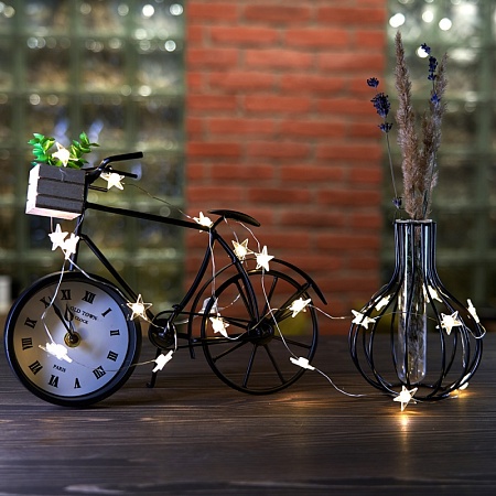 Светодиодная гирлянда Feron CL589 линейная Звездочки на проволоке, 2700К, с питанием от батареек, прозрачный шнур 2.3м - фото