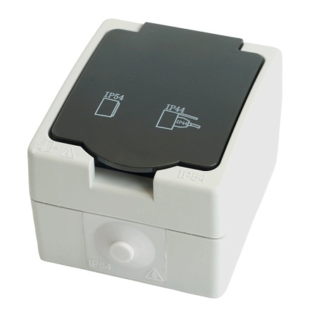 Розетка 1-местная с крышкой с/з STEKKER, PST16-11-54, пластик АВS, 250В, 16А, IP54, серый/графит - фото